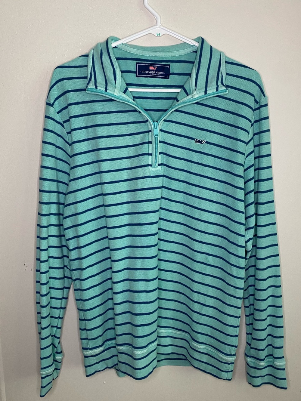 Vineyard Vines Teal & Navy Striped Knit Cotton Quarter-Zip Sweater Size M Mens